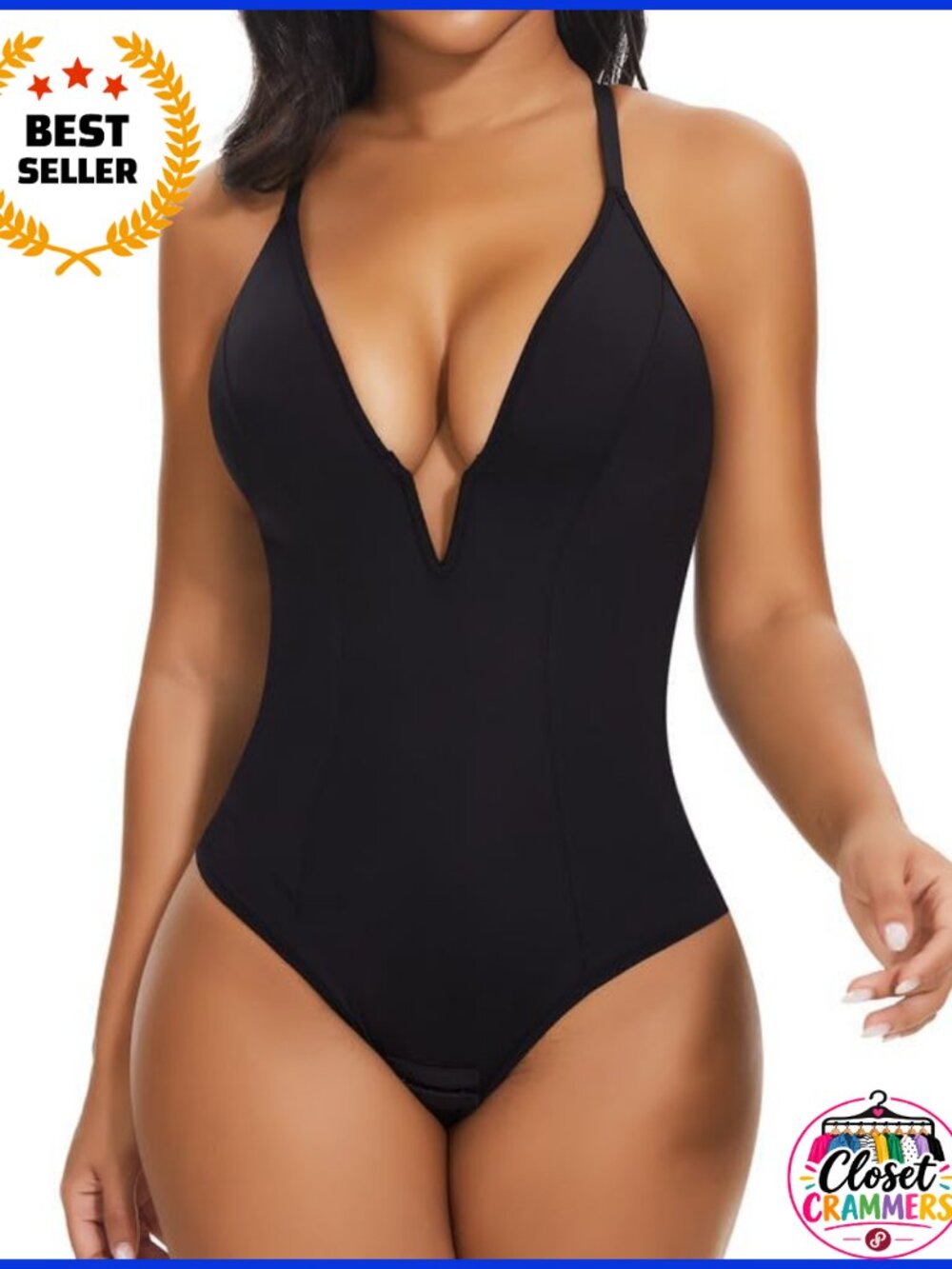 Women's Deep V Neck Bodysuit Shapewear Tummy Control Thong